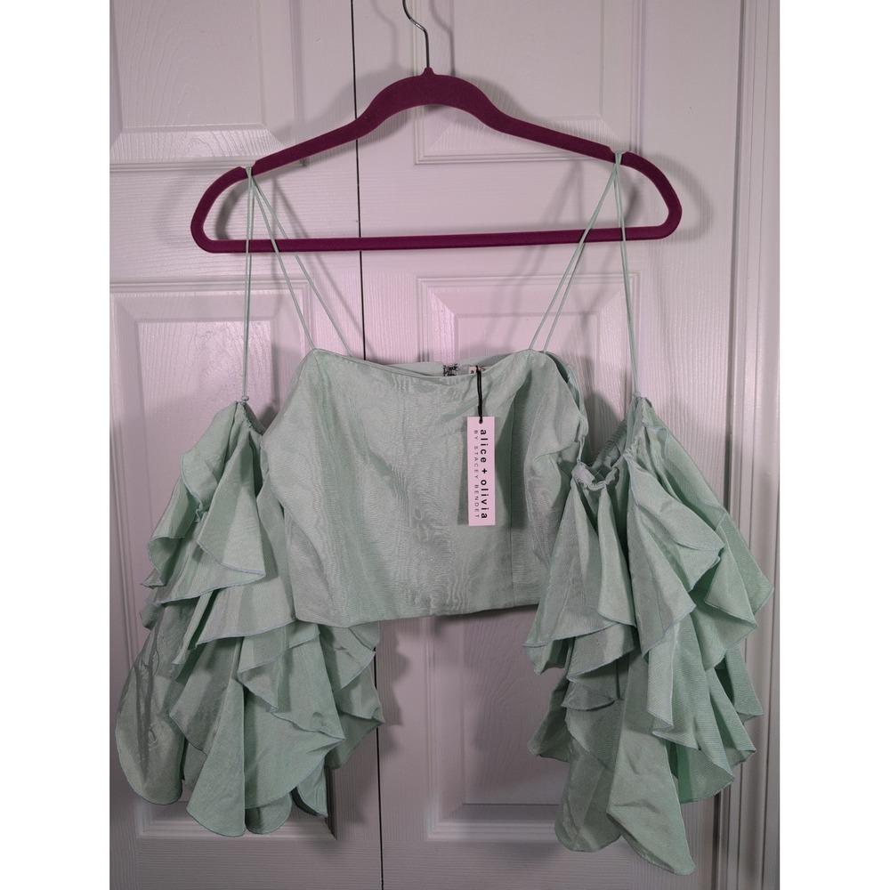 Alice + Olivia NAKIA COLD SHOULDER CROP TOP in Mint Ruffled sleeves Size 8 New